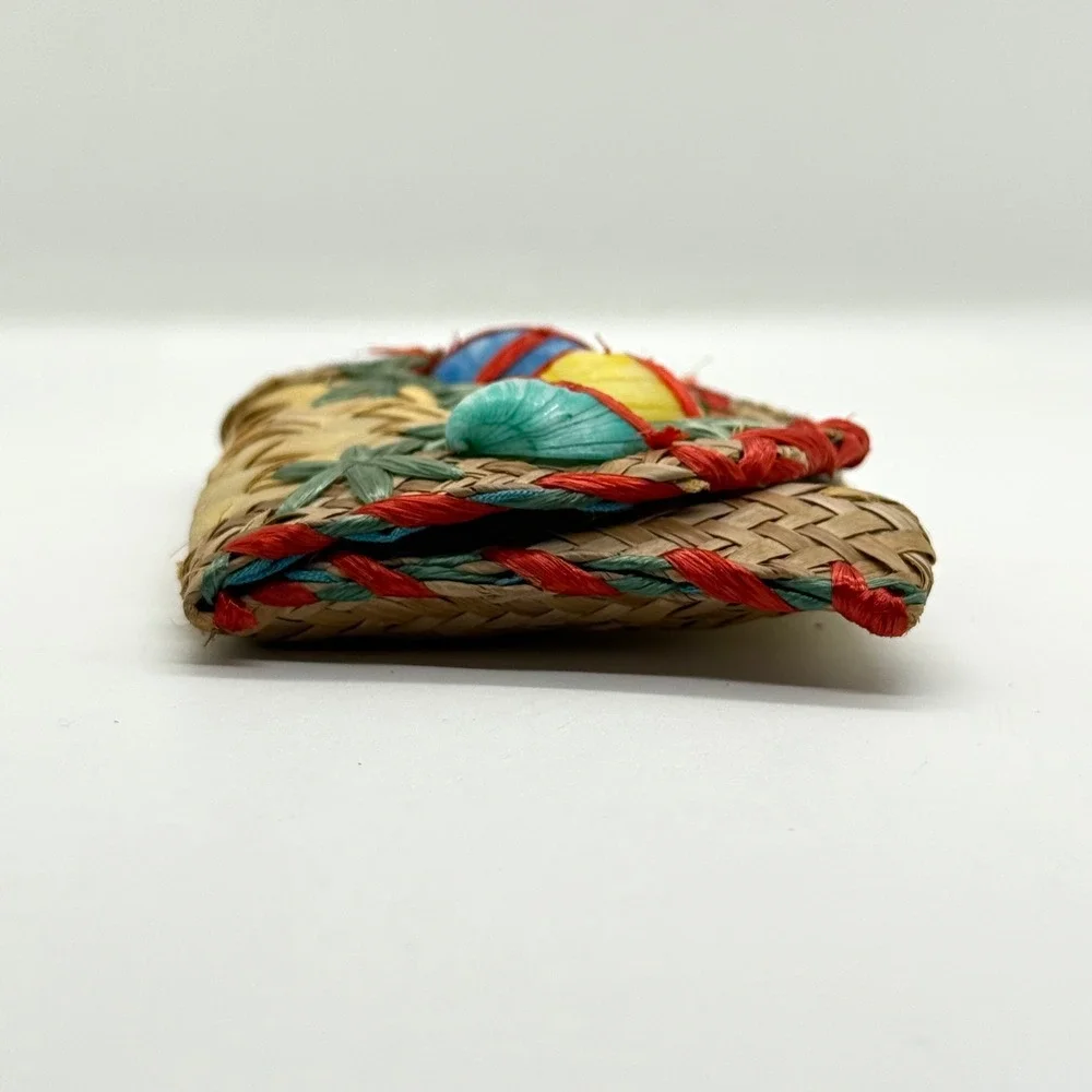 VTG Handwoven‎ Straw Raffia Shell Coin Purse Women Small Tan Multicolor Retro